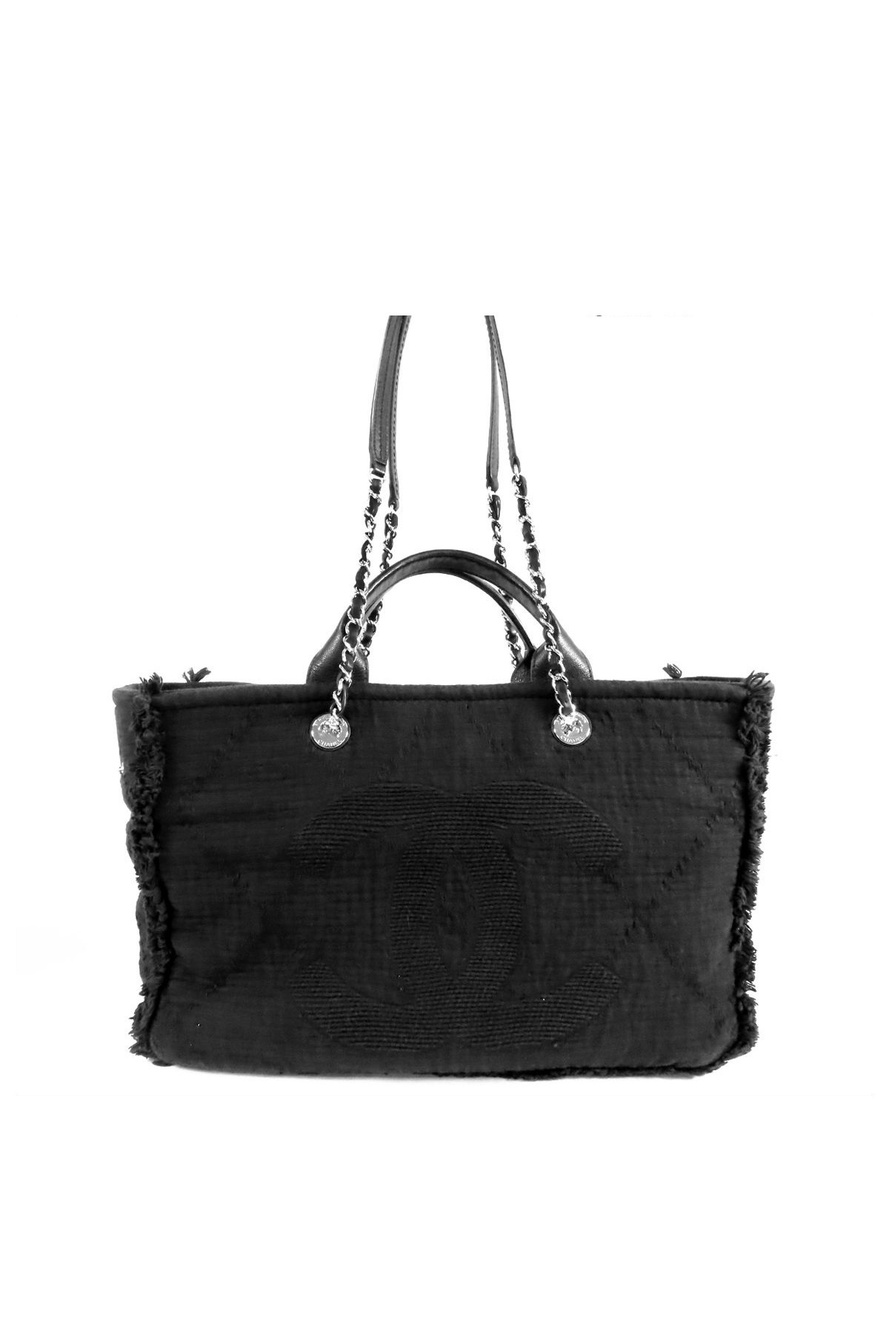 Chanel Large Shopping Black Silver Canvas Leather 2-Way Tote Shoulder Bag